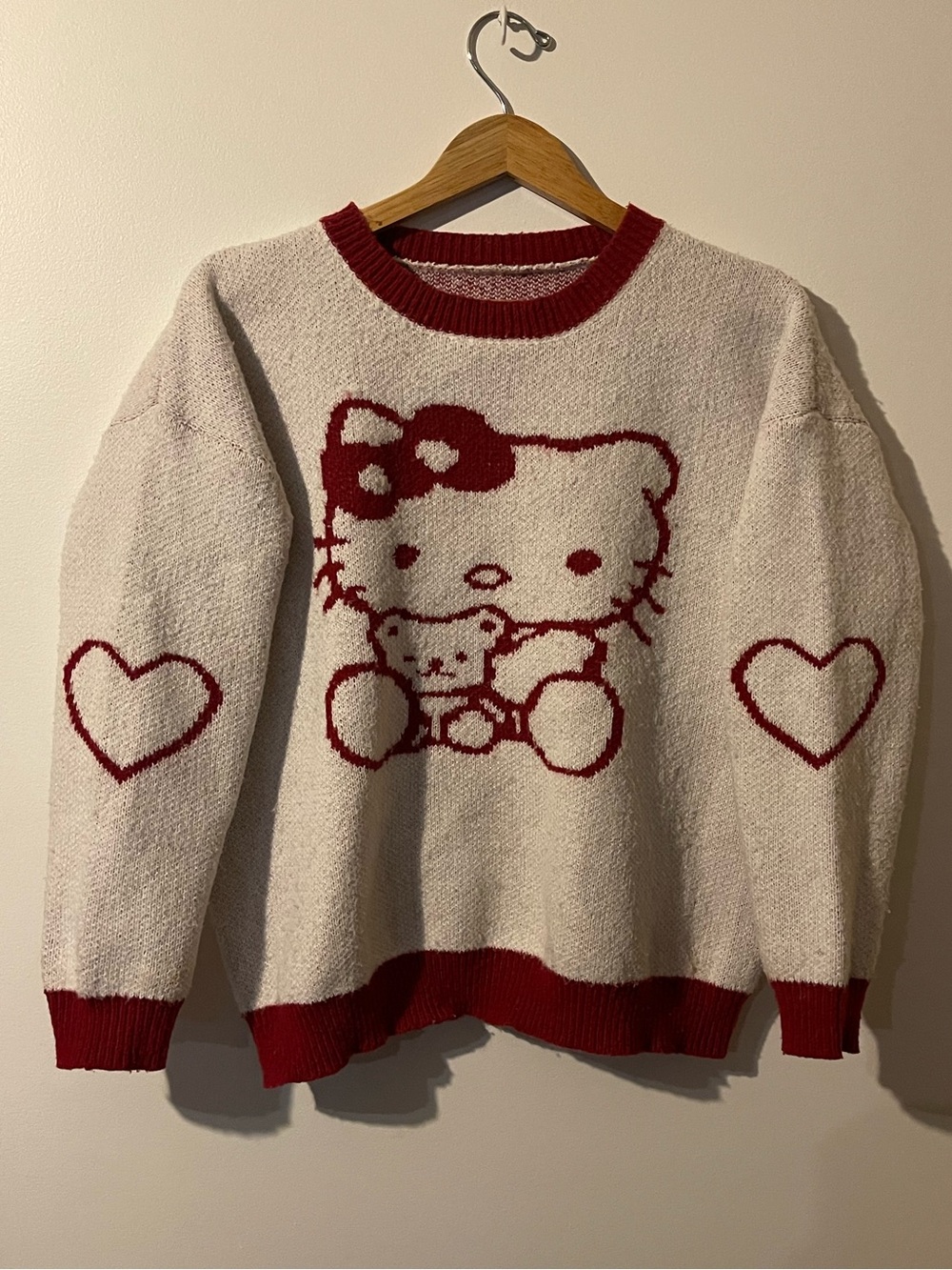 Hello Kitty Knit Sweater Pullover Heart Sleeves Red Cream Women L
